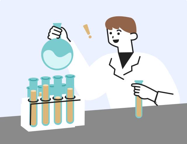 白衣を着た男性が、フラスコや試験管を使って化学実験を行っているイラスト