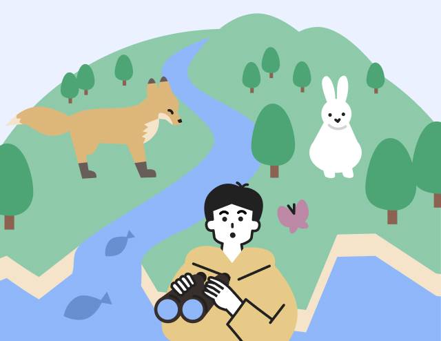 自然の中で生きものを観察している男性のイラスト