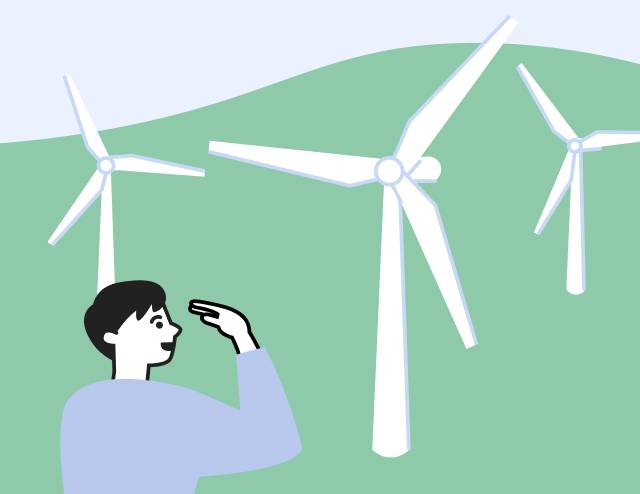 風力発電の大きな風車が並ぶ丘を見ている男性のイラスト