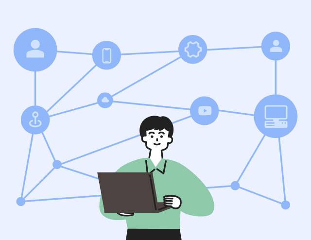 ノートパソコンを持った男性の背景に、情報通信技術のネットワークを描いたイラスト