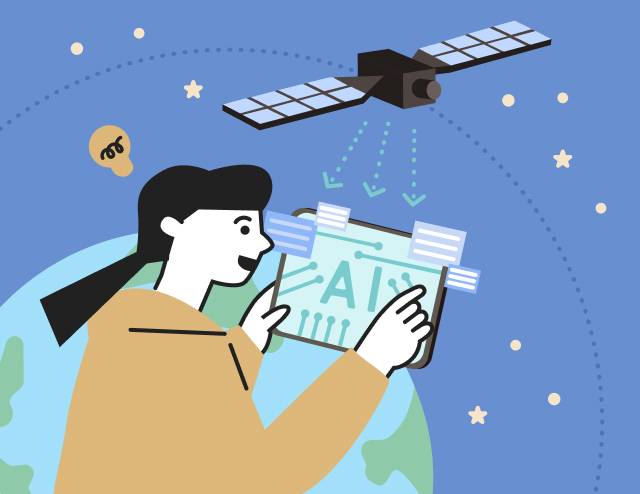 AIや宇宙利用のシステムについて学んでいる女性のイラスト
