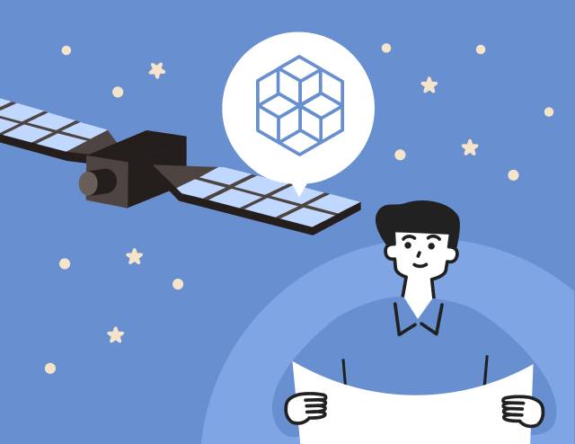 宇宙空間を飛ぶ人工衛星と、設計図を広げてアイデアを練る男性のイラスト