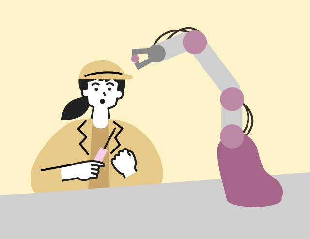 工具を手にしてロボットアームの動きを観察する女性のイラスト
