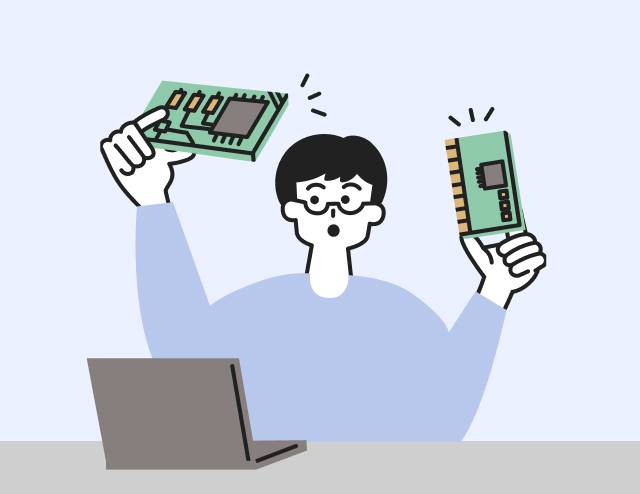 電子基板を眺める男性のイラスト