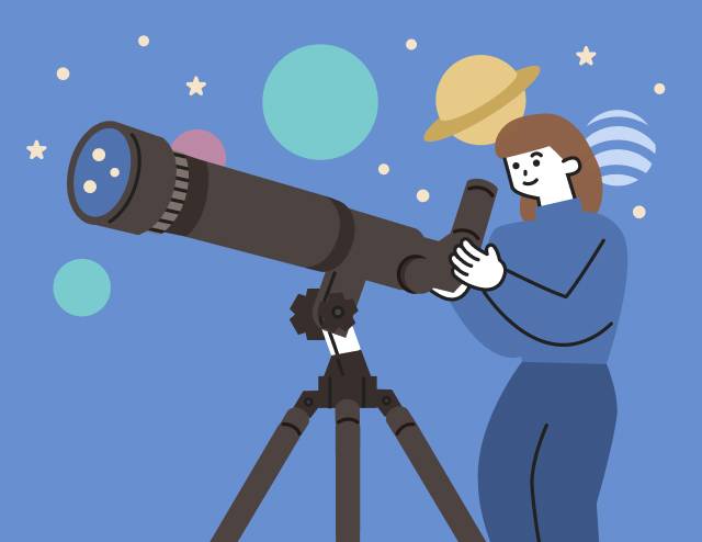 天体望遠鏡で、夜空を観測している女性のイラスト