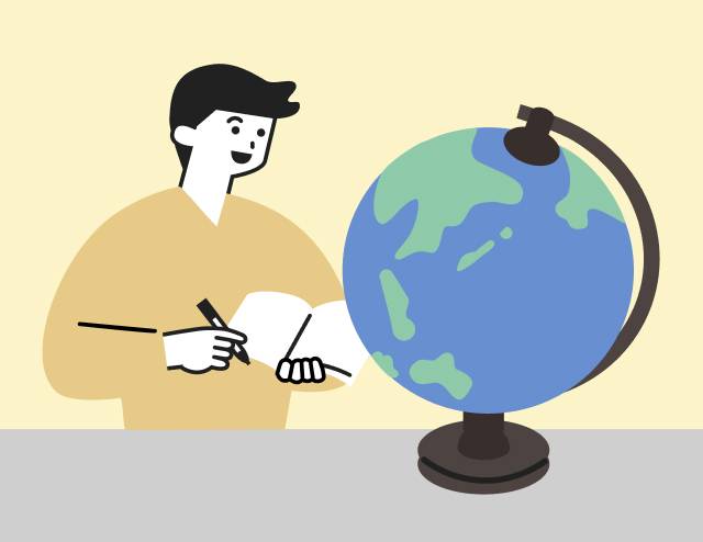 地球儀を見つめながら、ノートにメモをとっている男性のイラスト